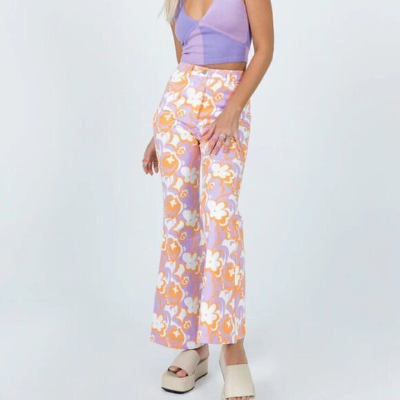 Princess Polly Jasmina Denim Jeans Pink Orange Floral 70s Vibe Flare Wide Legs - Picture 1 of 8